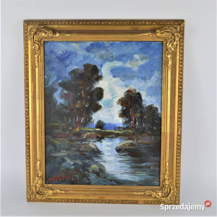 Pejzaż olej na płycie technika mieszana nóż Porcelana i szkło