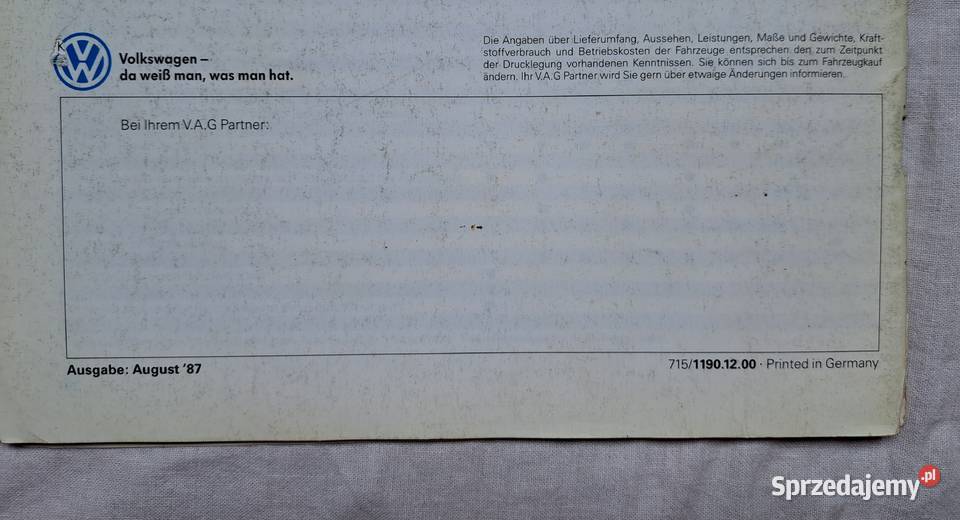 Katalog VW Polo 1987 r j niemiecki oryginał 1987 Brzesko