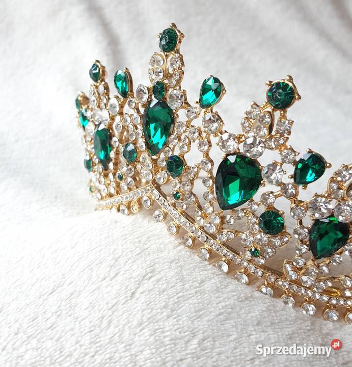 Korona złoty kolor zielone kamienie królowa Diademy i ozdoby ślubne Szczecin