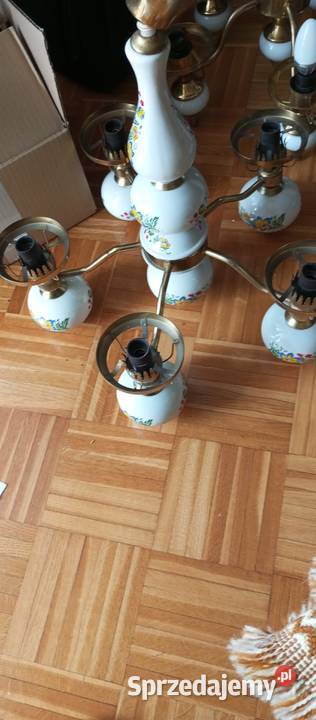 Żyrandol antyczny mosiądz plus porcelana ozdobna