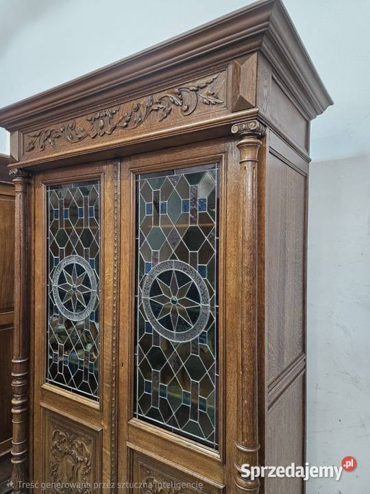 Stara dębowa biblioteczka eklektyczna z witrażem Nowy Sącz