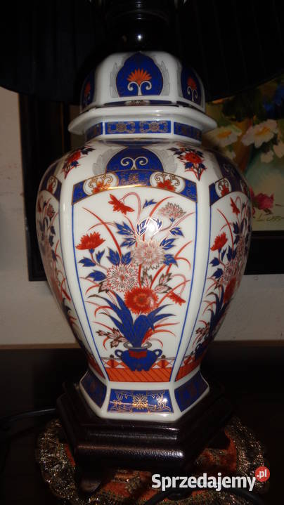 lampka ceramiczna w czerono kobaltowy wzór Oświetlenie wielkopolskie