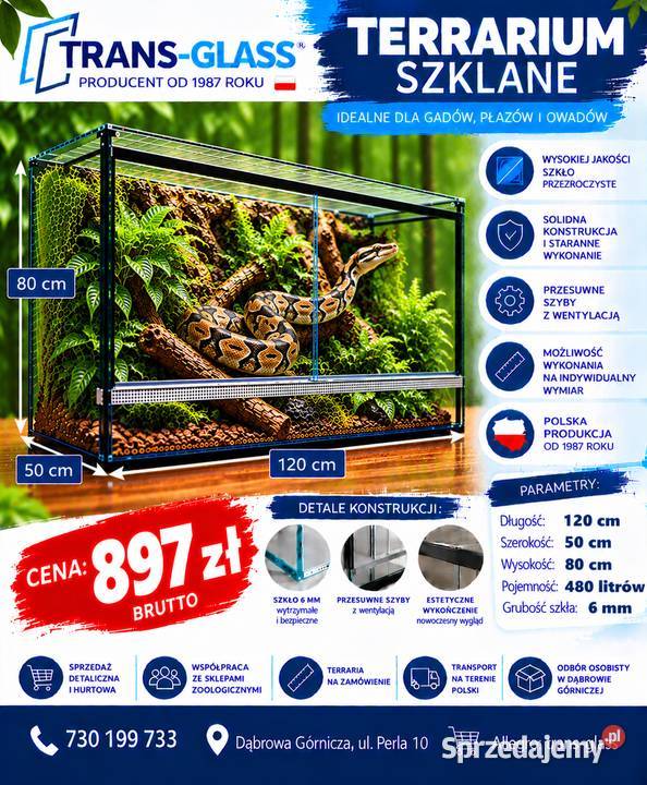 Terrarium szklane 120x50x80 szkło 6 mm producent Dąbrowa Górnicza sprzedam