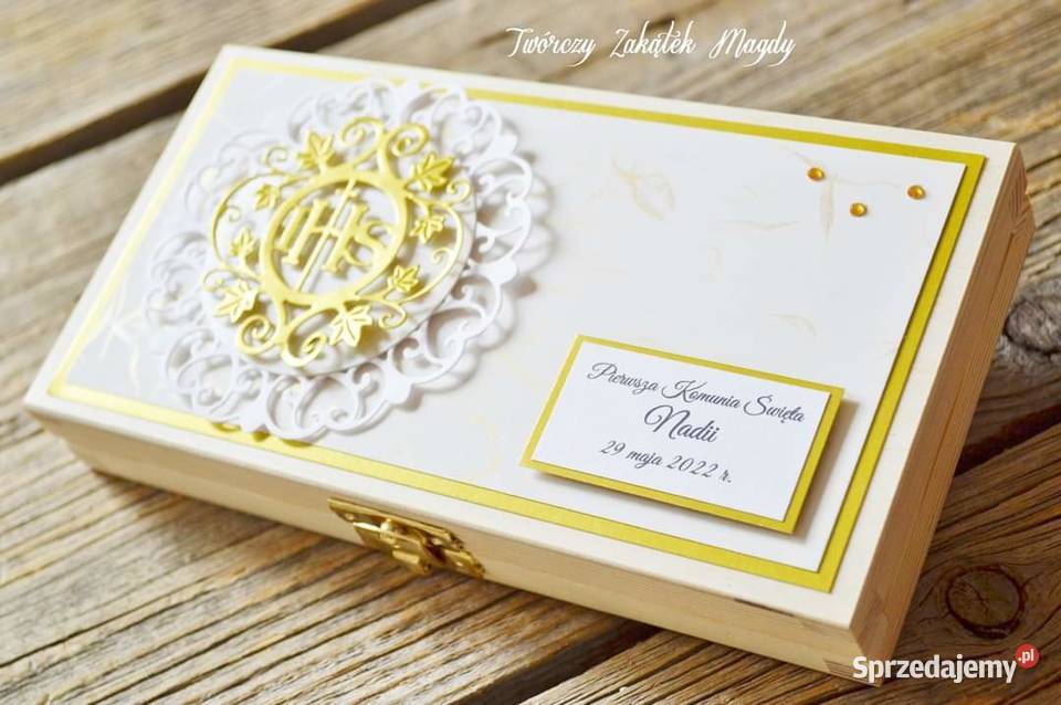 Drewniane pudełko z życzeniami na Komunię pomorskie Słupsk