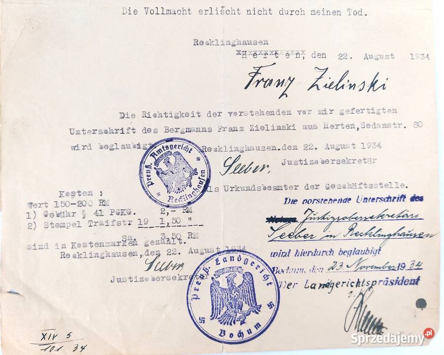 Pełnomocnictwo w języku niemieckim1934r pieczęć mazowieckie Bronisze sprzedam