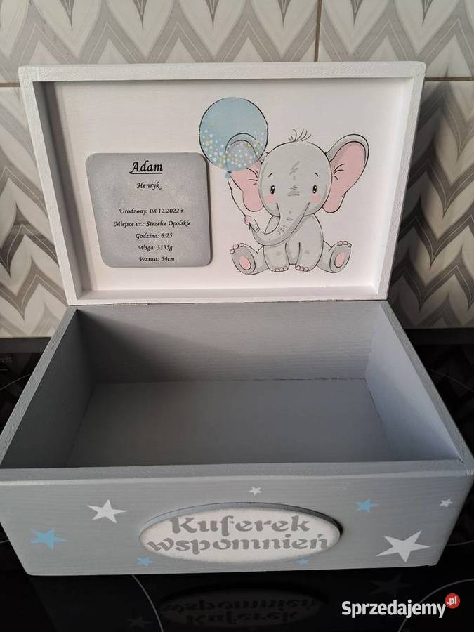 Kuferek wspomnień słonik chłopiec z metryczką Kędzierzyn-Koźle sprzedam