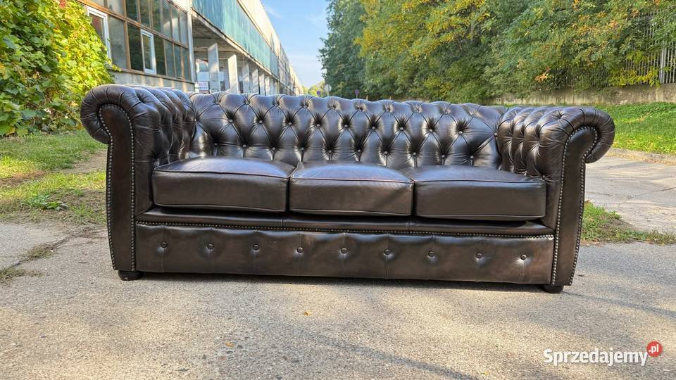 Kanapa Chesterfield skórzana 3osobowa brązowa
