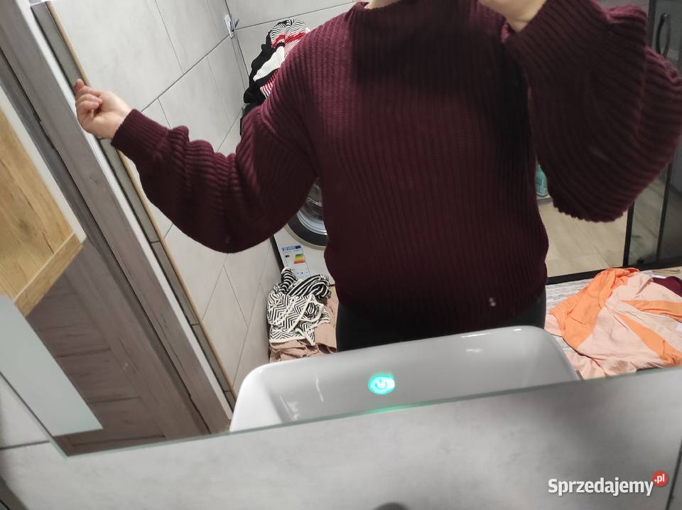 bordowy sweter na kd S bufki na rękawach Bez wzoru Moda i Styl