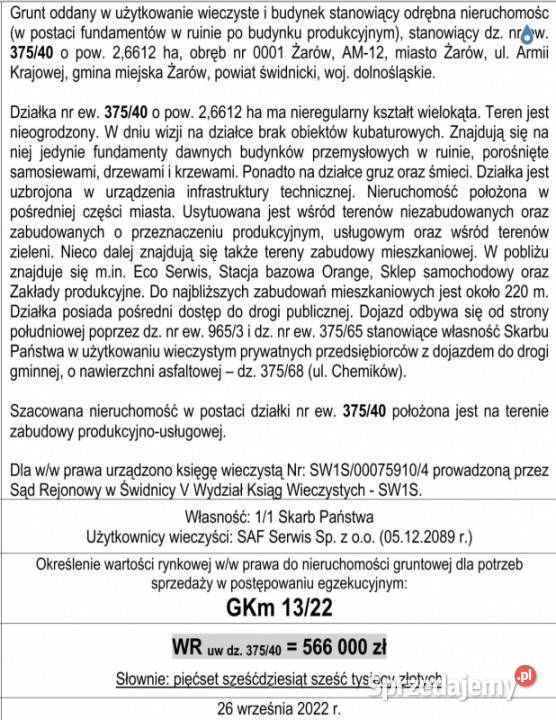 OKAZJA licytacja 266 ha działka usługi produkcja Żarów