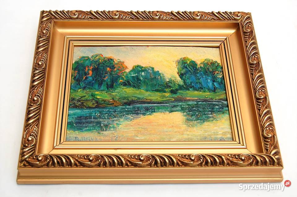 Zachód słońca rzeką las pejzaż obraz olejny sprzedam