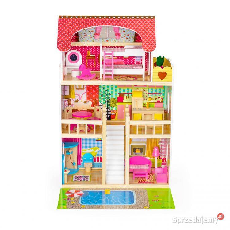 Drewniany domek lalek meble basen oświetlenie