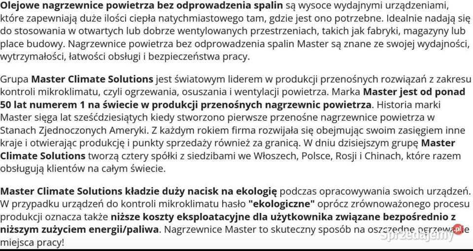 Nagrzewnica olejowa wynajem 29 KW Master sprzedam
