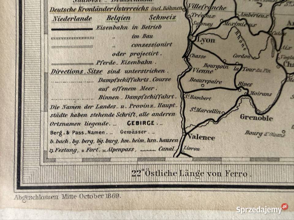 Historyczna Mapa Kolejowa 1869 Polska Niemcy Antyki Czerwionka-Leszczyny sprzedam