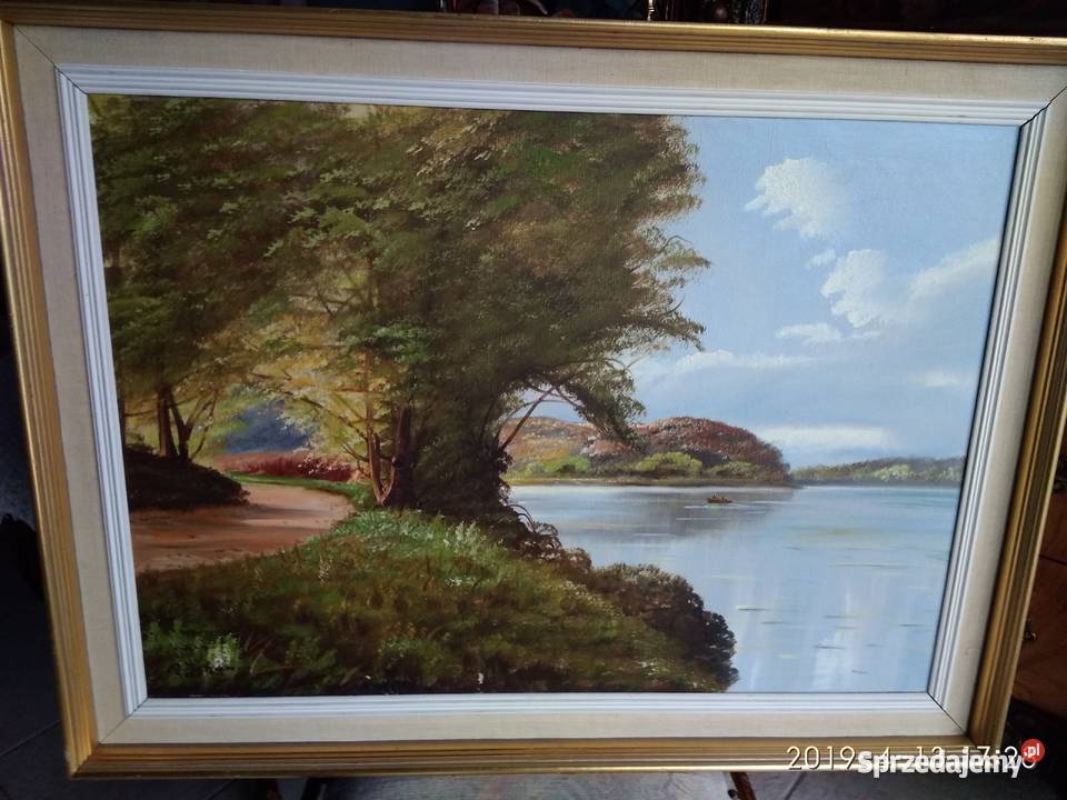 PARK Z JEZIOREM PEJZAŻ OLEJ NA PŁÓTNIE SYGNOWANY