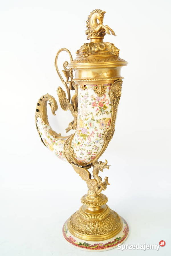 Piękny róg obfitości porcelana z brązem kwiaty wielkopolskie Gizałki