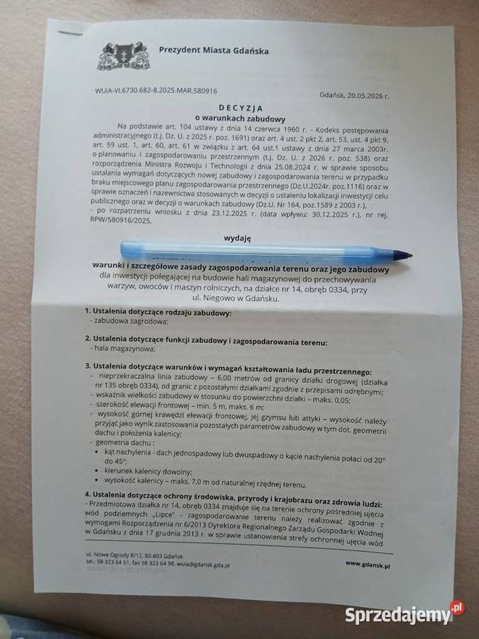 Sprzedam działkę 1418 mw Gdańsku Niegowook7 szambo Gdańsk