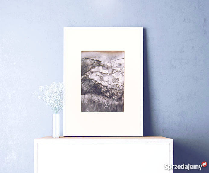 Czarno biały rysunek pejzaż górski nowoczesny odcienie szarości Katowice