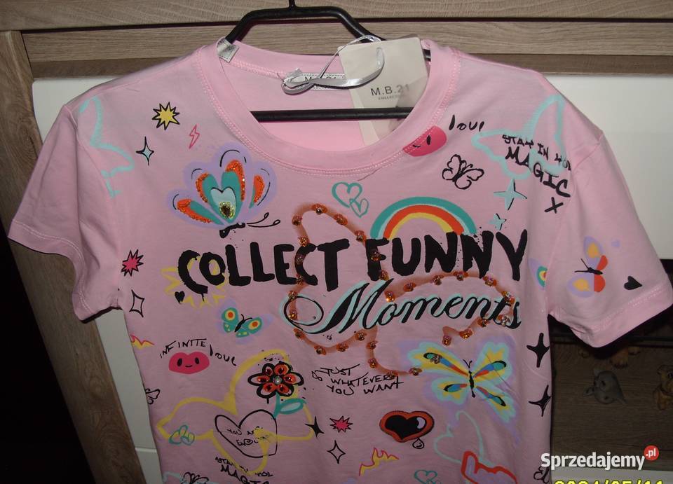 Tshirt NOWY Róż Motyle Serca cekiny cyrkonie r Rozmiar 38(M) Rawicz