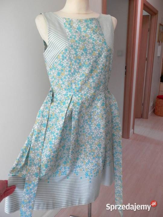 Sukienka Rozkloszowana Miętowa Wizytowa Modne Kwiatki podlaskie Łomża