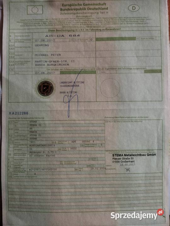 Niemiecka przyczepka samochodowa 750 STEMA Piotrków Trybunalski