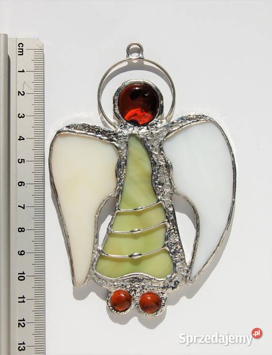 Anioł zielony bursztyn bałtycki witraż Tiffany