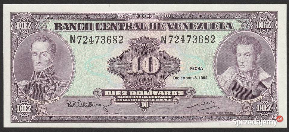 WENEZUELA 10 BOLIVARES 1992 STAN BANKOWY UNC Numizmatyka Łódź