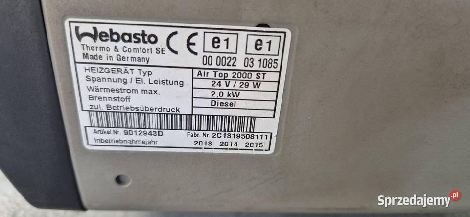 Ogrzewanie Webasto airtop air top 2000st 20kw wielkopolskie Jarocin