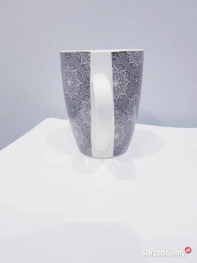 Kubek ceramiczny z imitacją haftowanych serwetek szary śląskie Dąbrowa Górnicza