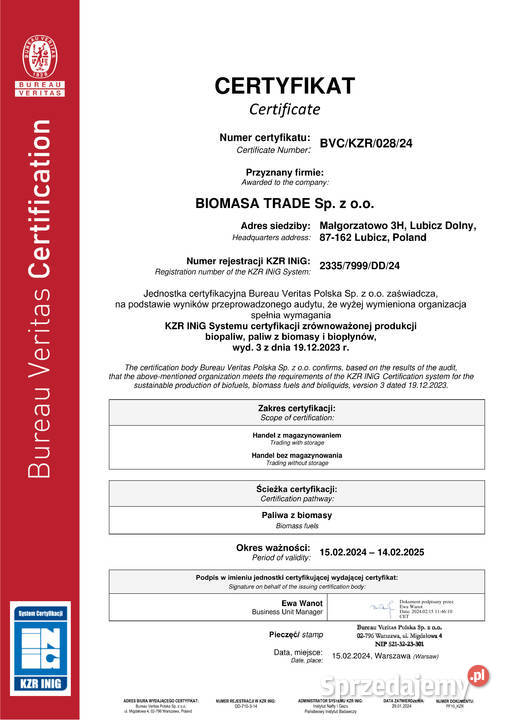 Biomasa z certyfikatem KZR INiG od 499 zł/t netto do wyczerpania zapasu