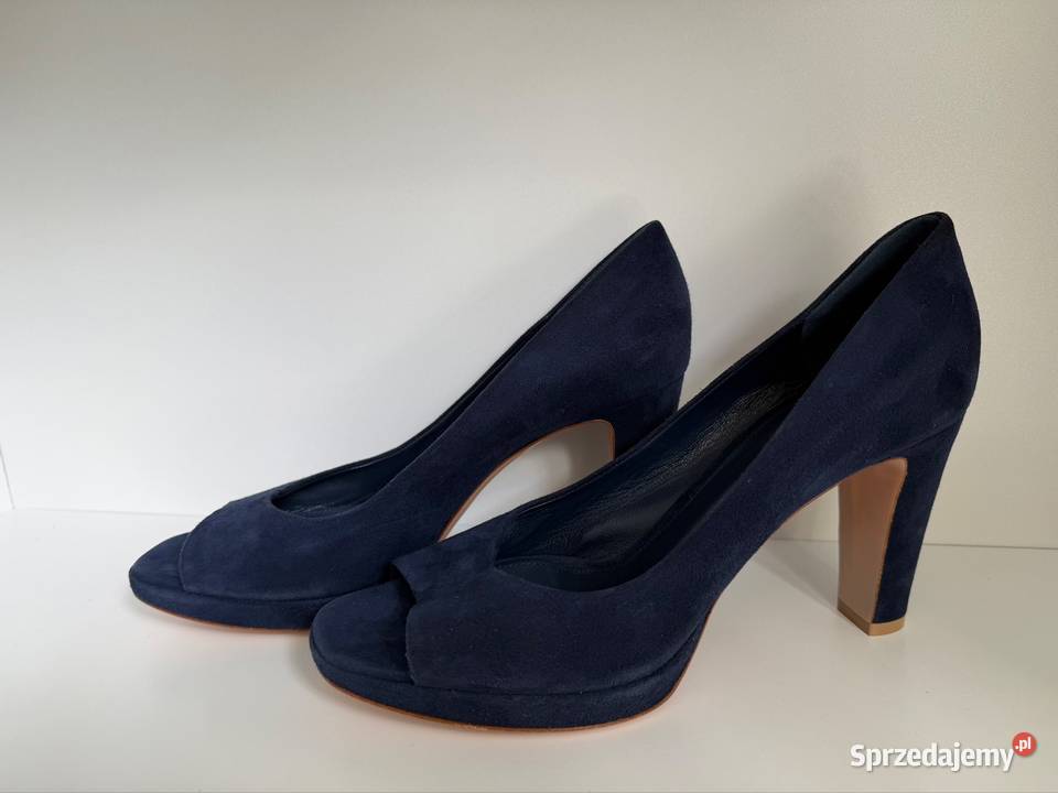Boskie Zamszowe Gianvito Rossi peeptoe niebieski Obuwie
