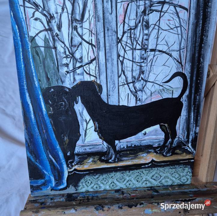 Jamniki jamnik w oknie obraz na płótnie artysty małopolskie Brzesko sprzedam