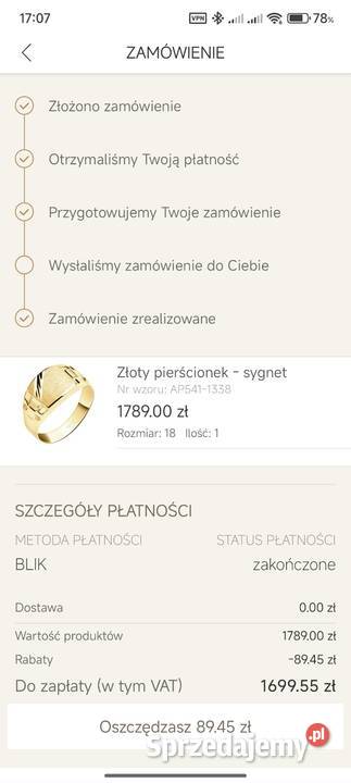 Sygnet męski złoty pr 375 rozmiar 18 Warszawa