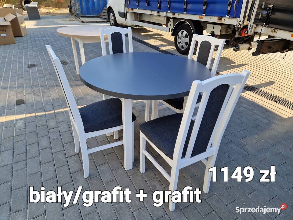 Nowe: Stół okrągły + 4 krzesła, biały/blat grafit + grafit