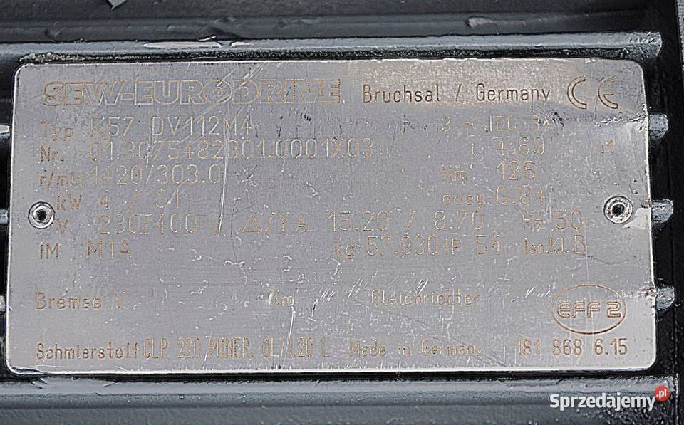 Motoreduktor kątowy 4kw 303obrmin SEW K57DV112M4 Kargowa