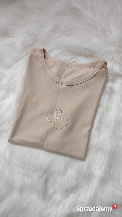 Beżowa koszulka tshirt z ozdobną aplikacją Bez wzoru Olkusz