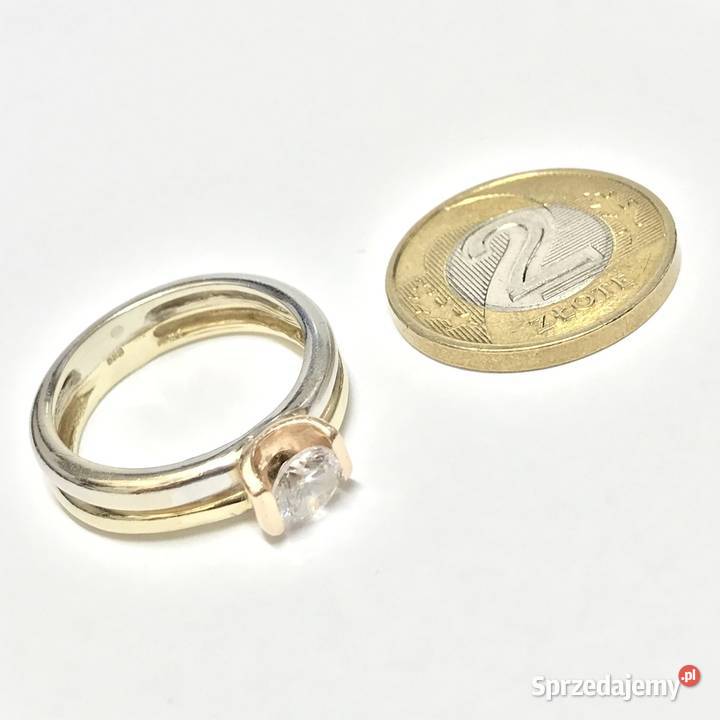 Złoty PIERŚCIONEK 14K trzy KOLORY złota KAMIEŃ Warszawa