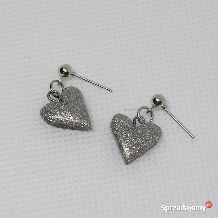 Kolczyki ręcznie robione serca szare brokatowe Lębork