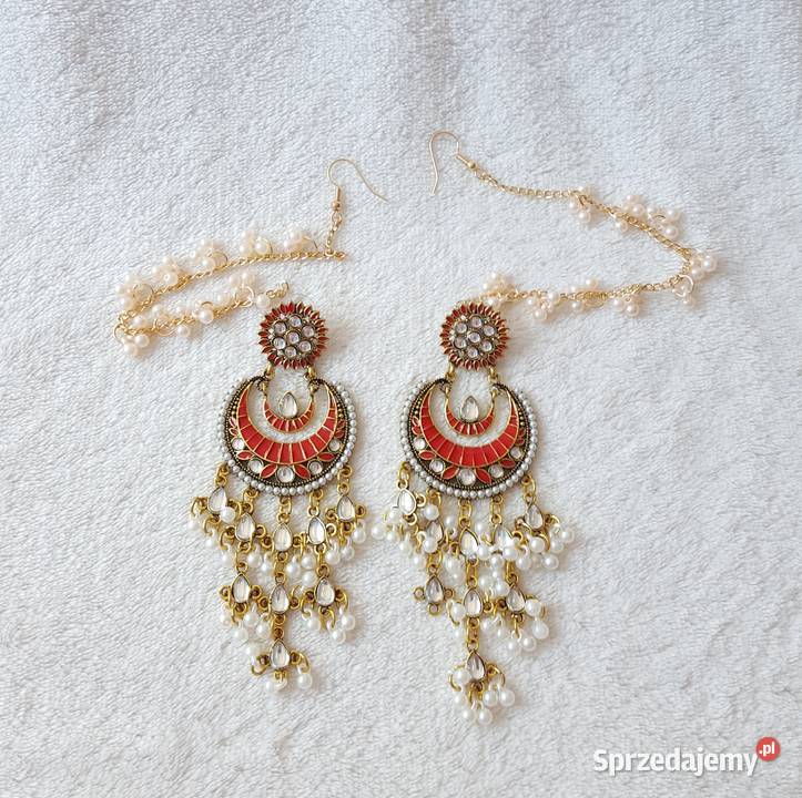 Długie kolczyki czerwony złoty kolor indyjskie Szczecin