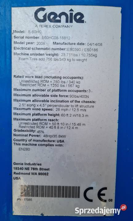 Genie S60 HC podnośnik teleskopowy spalinowy wys Dąbrowa Tarnowska