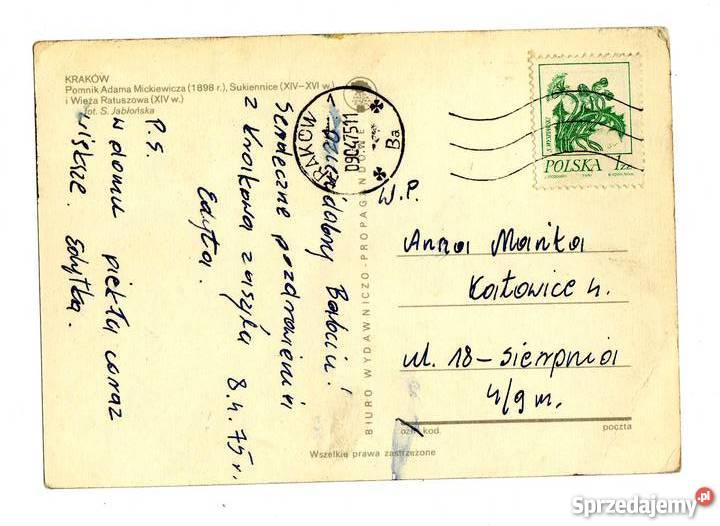 KRAKÓW POMNIK MICKIEWICZA POCZTÓWKA Pocztówki i karty telefoniczne Krynki