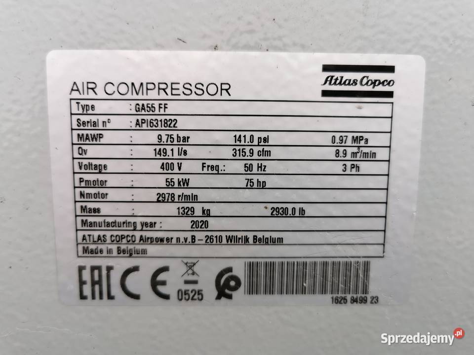 2020r 55kw 15653h Sprężarka śrubowa ATLAS COPCO Borzęcice sprzedam