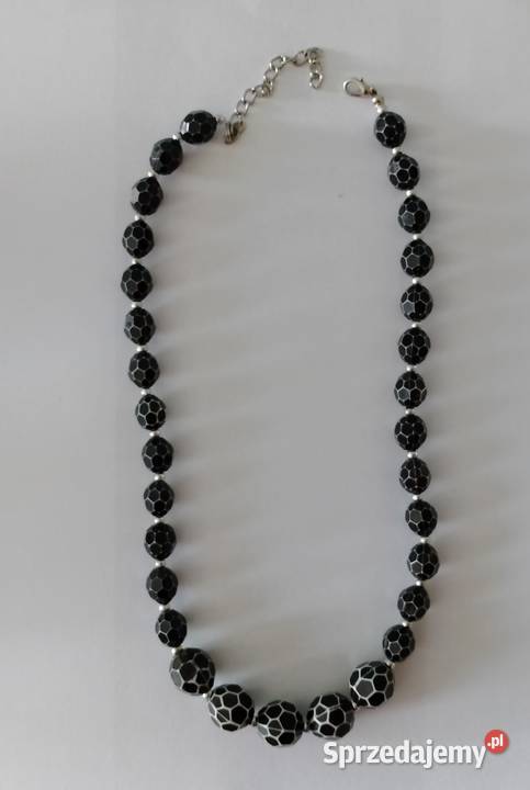 Korale FASETOWANE czarne z białymi brzegami Złotniki