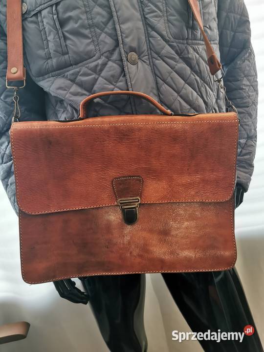 Piękna torba skórzana na laptop aktówka na pasek brązowy/beżowy Łask