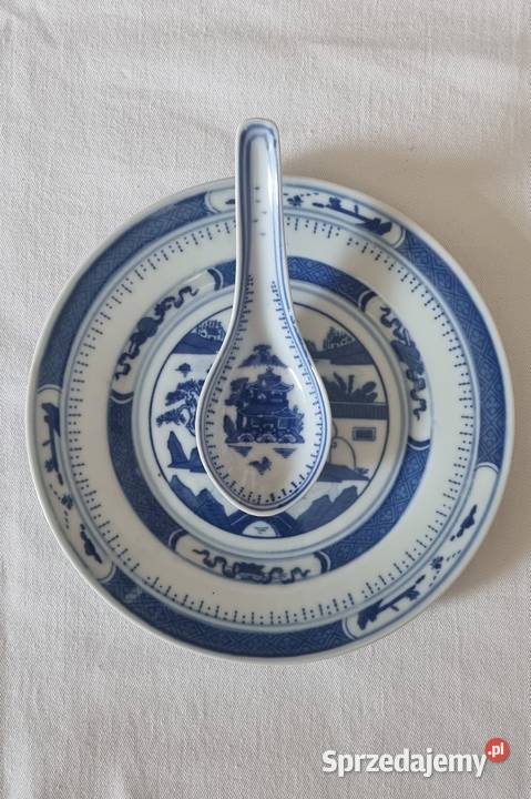 Chiński talerz i łyżka porcelana zdobiona niebieski mazowieckie Warszawa sprzedam