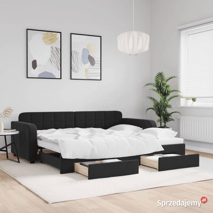 Sofa rozsuwana z szufladami czarna aksamit