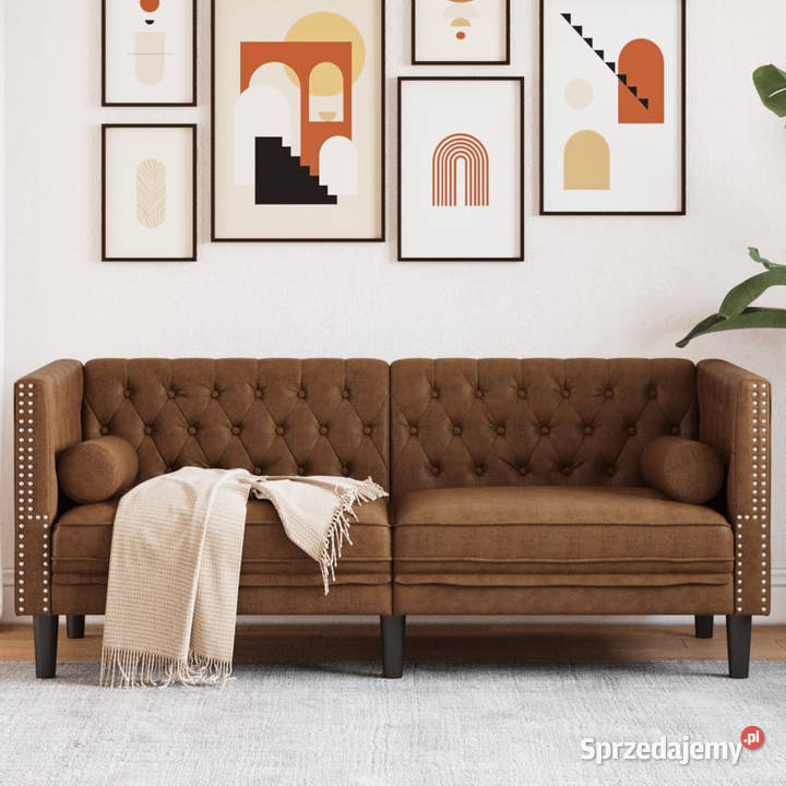Sofa Chesterfield z wałkami 2os brązowa sztuczny
