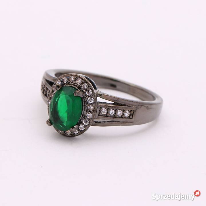 Nowy czarny pierscionek zielone oczko cyrkonia Szczecin