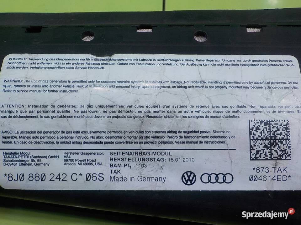 AUDI TT 8J 18 TFSI 10r 2D AIRBAG poduszka fotela Motoryzacja Suków