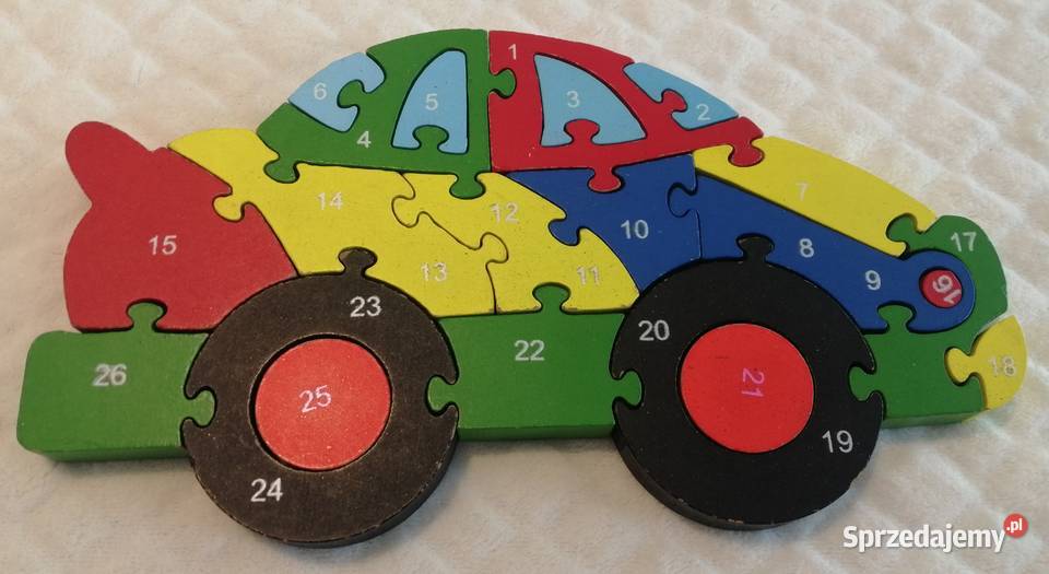 Klocki puzzle drewniane autko cyferki wyścigówka Czeladź