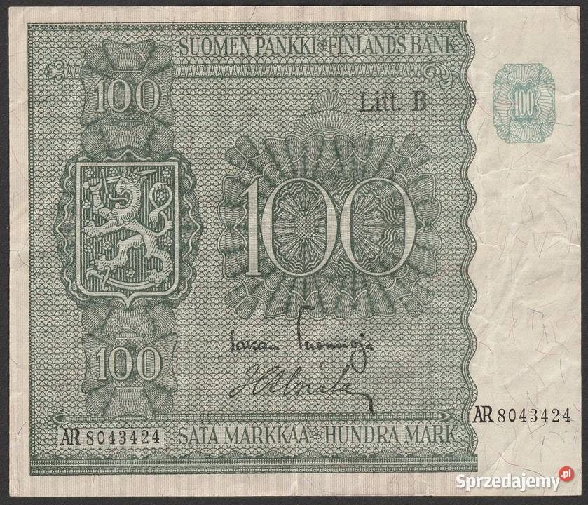 Finlandia	100 markkaa 1945 Numizmatyka Łódź sprzedam